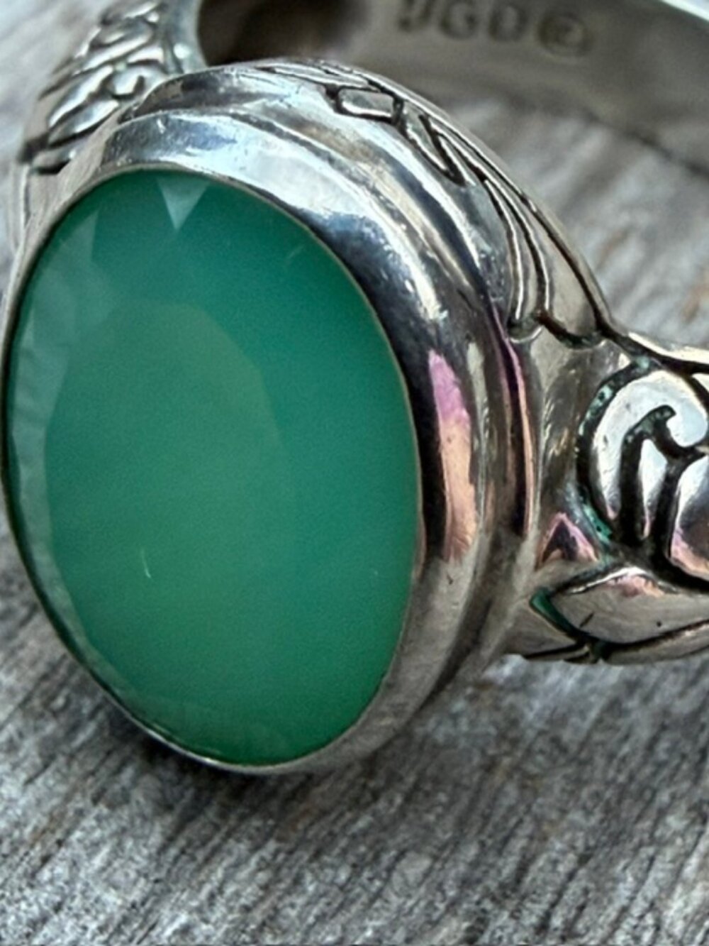 Vintage Sterling Ring Rose Cut Green Chalcedony Janice Girardi Designs Size 10 - Picture 3 of 13